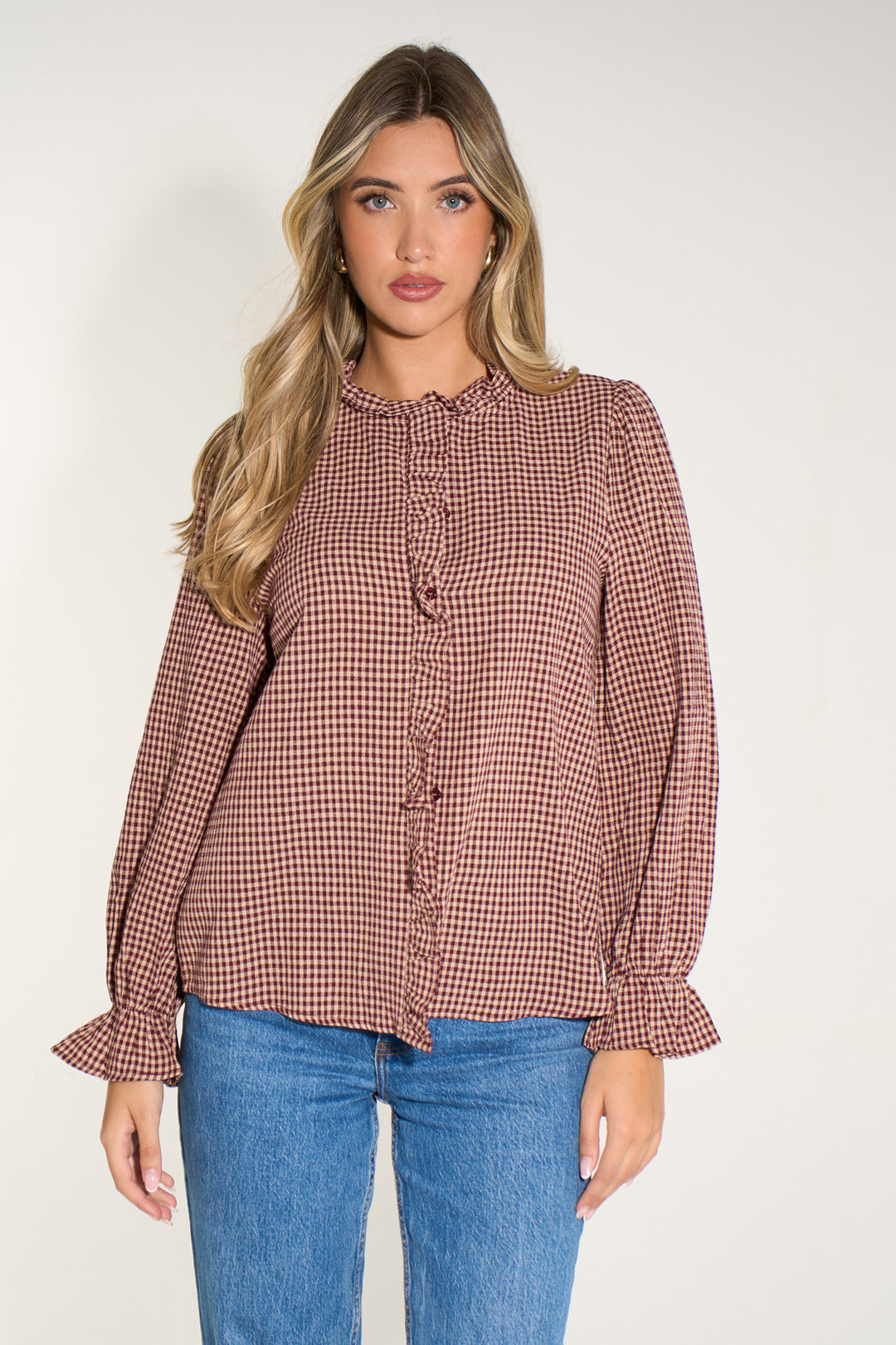 Gingham-Ruffled-Collar-Shirt-in-Red