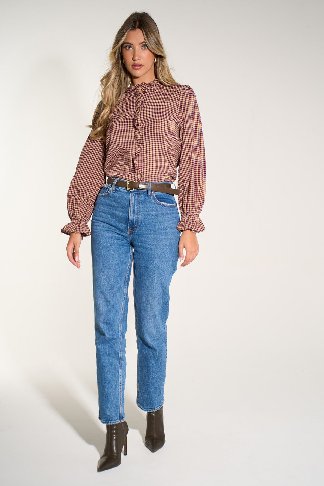 Gingham-Ruffled-Collar-Shirt-in-Red