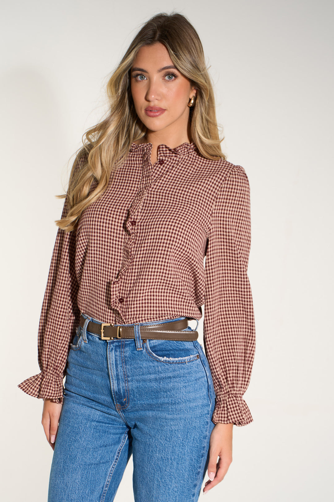 Gingham-Ruffled-Collar-Shirt-in-Red