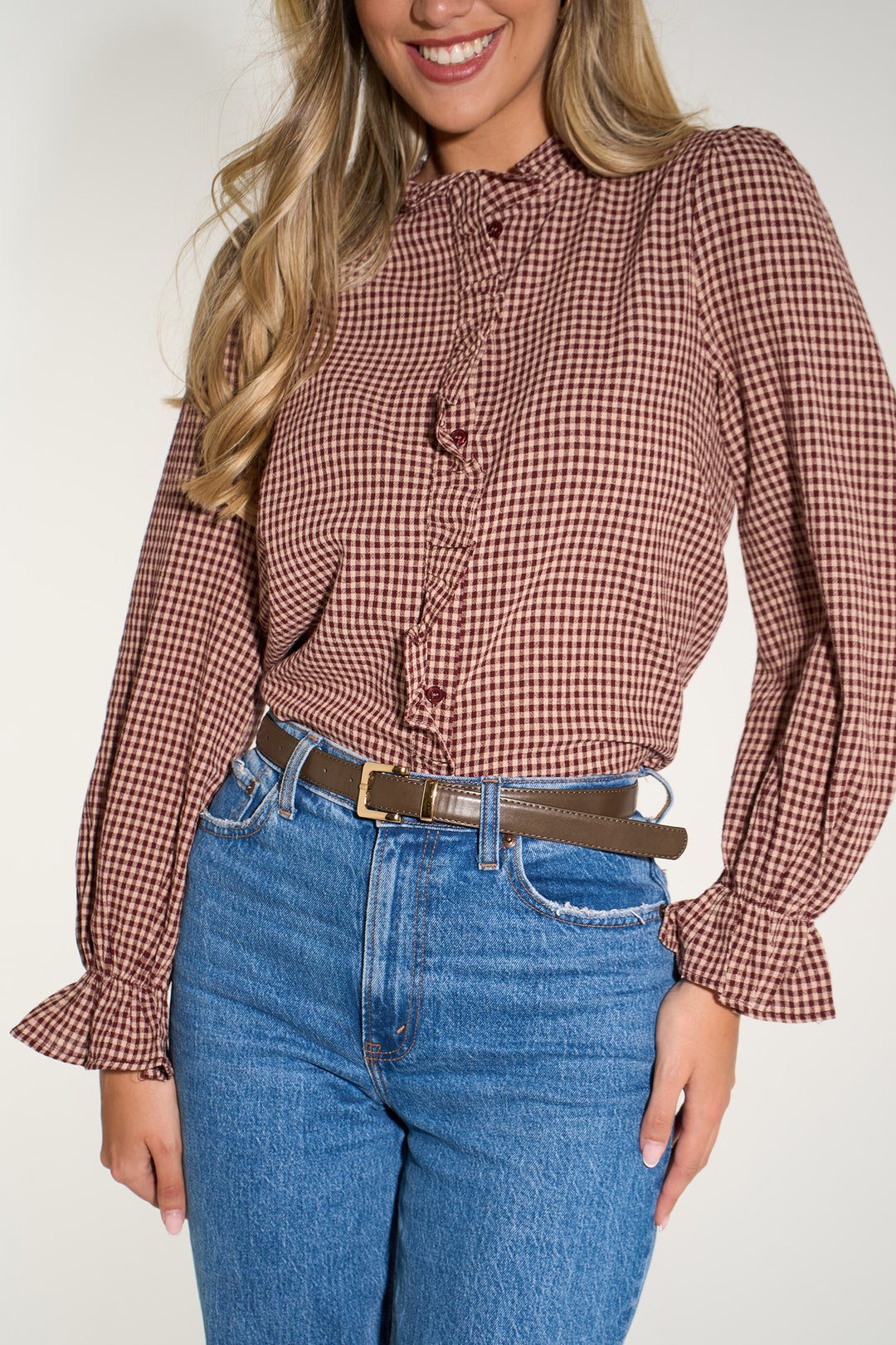 Gingham-Ruffled-Collar-Shirt-in-Red