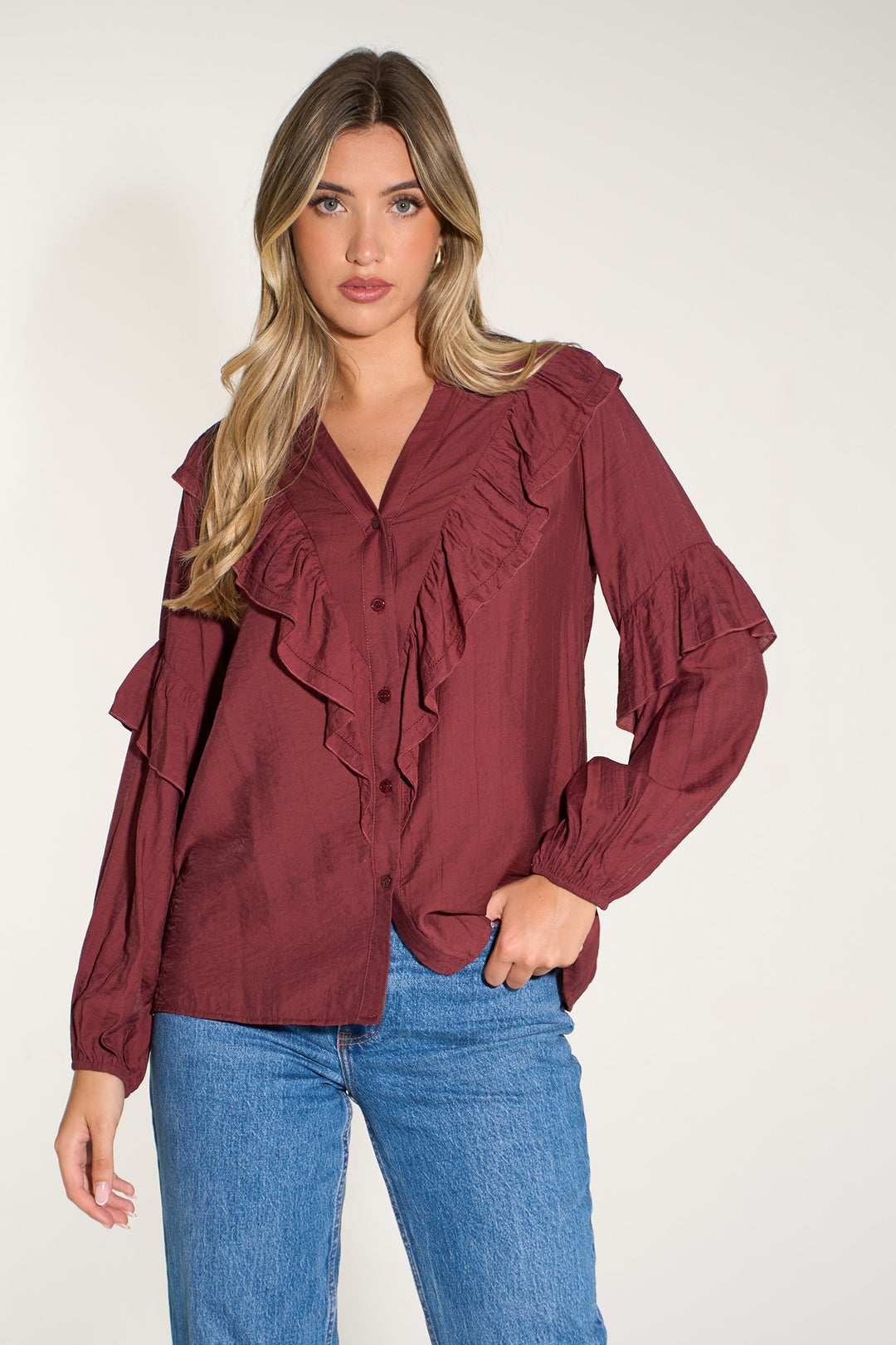 Plain-Ruffled-Long-Sleeve-Shirt-in-Berry