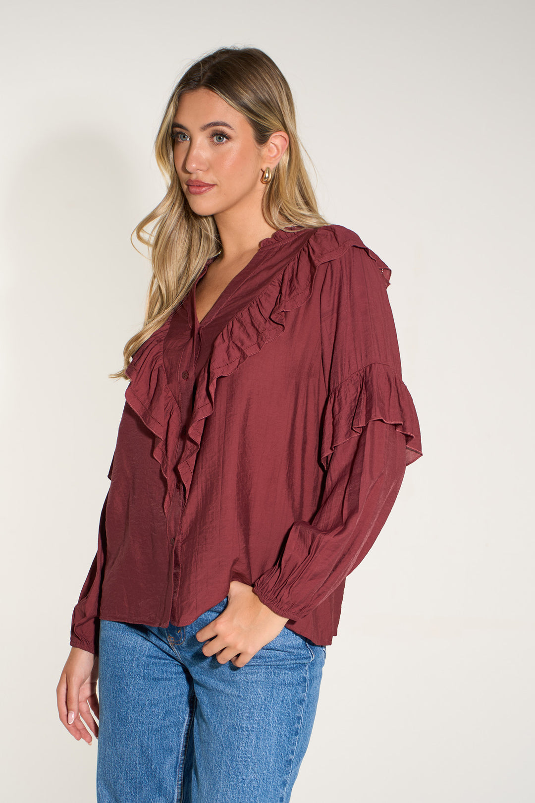 Plain-Ruffled-Long-Sleeve-Shirt-in-Berry