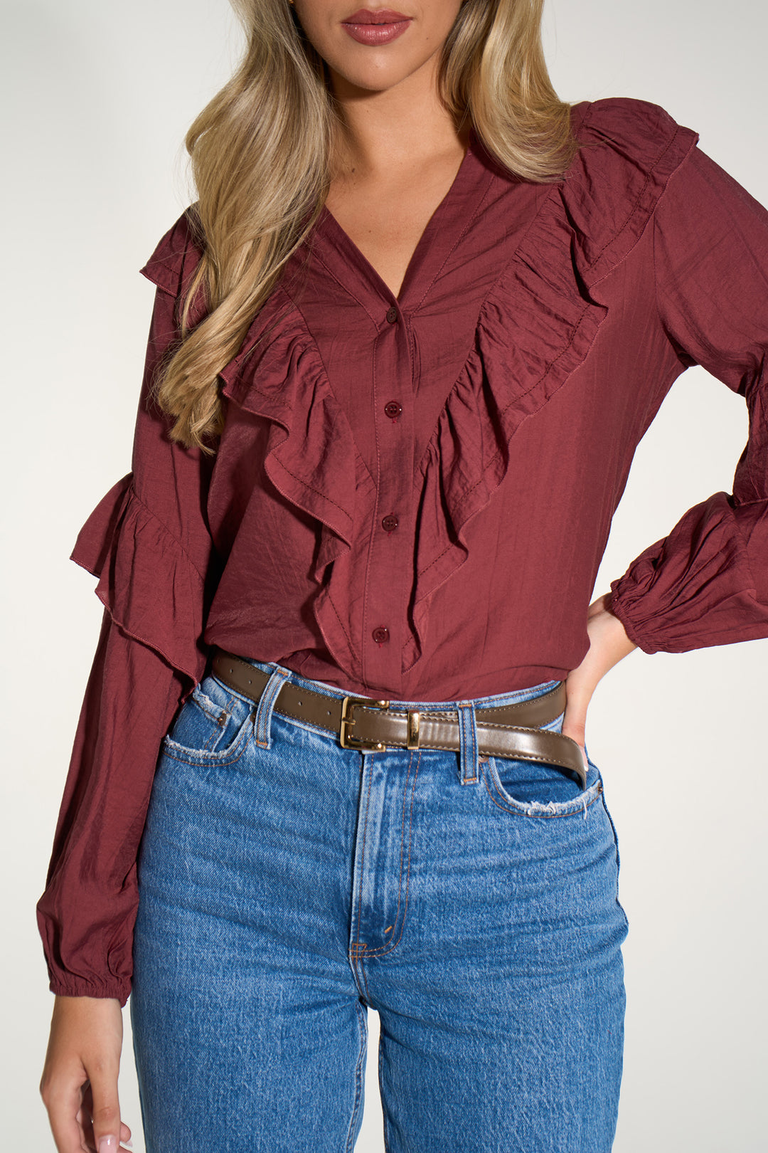 Plain-Ruffled-Long-Sleeve-Shirt-in-Berry