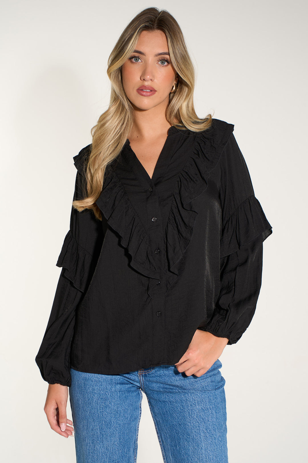 Plain-Ruffled-Long-Sleeve-Shirt-in-Black