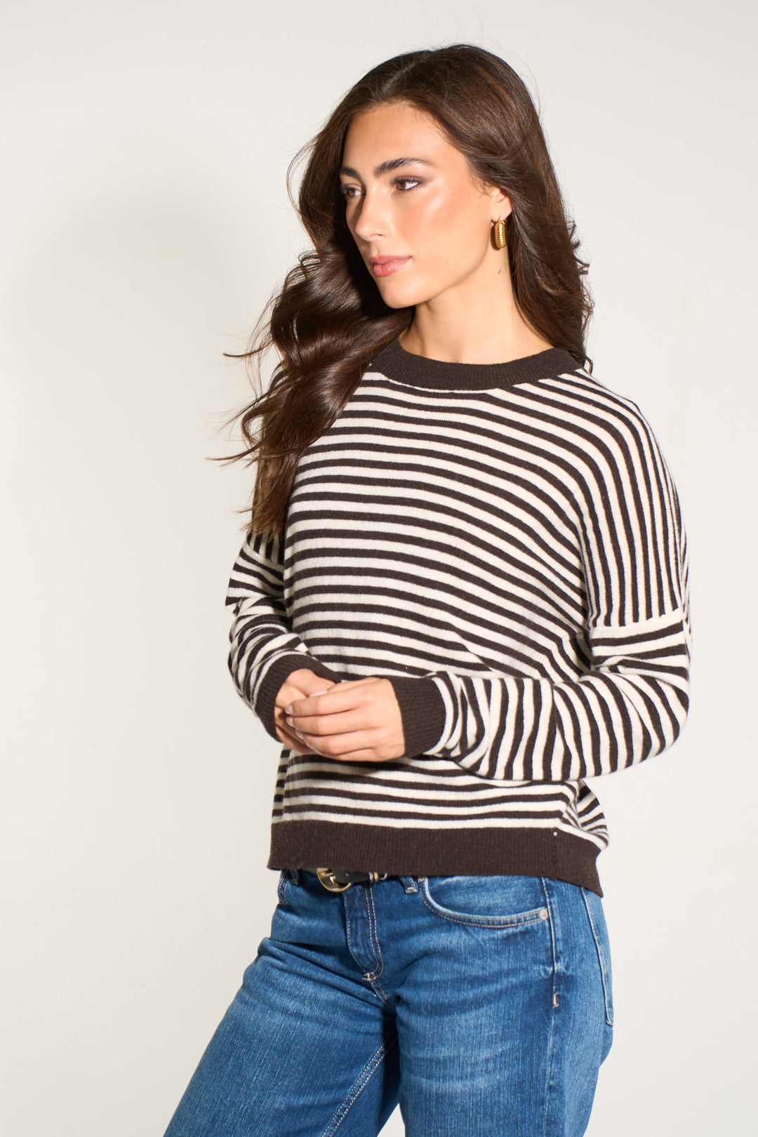 Striped Long Sleeve Italian Cashmere Wool Blend Jumper in Brown/Cream