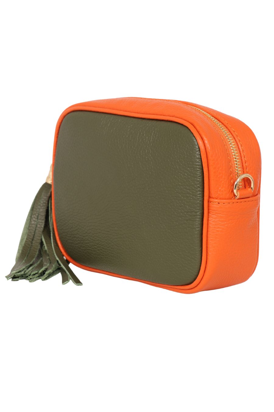 khaki green and orange leather camera bag with a gold zip closure