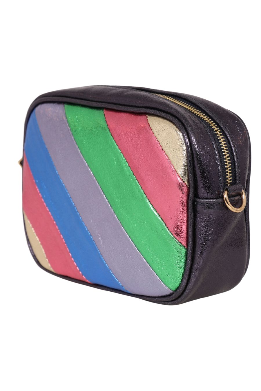 Navy Blue Rainbow Metallic Striped Genuine Italian Leather Camera Bag