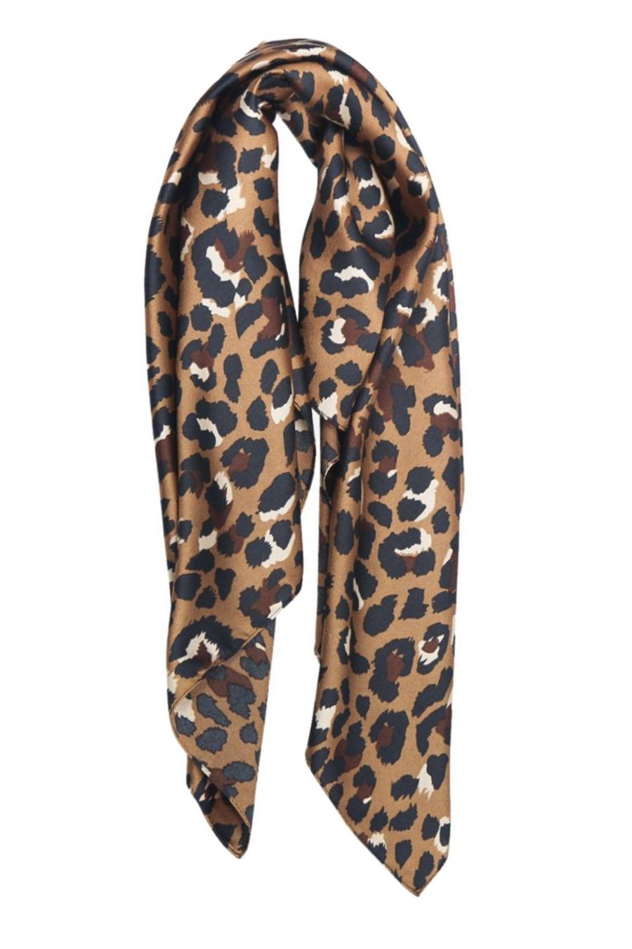 Leopard Print Faux Silk Square Scarf in Brown