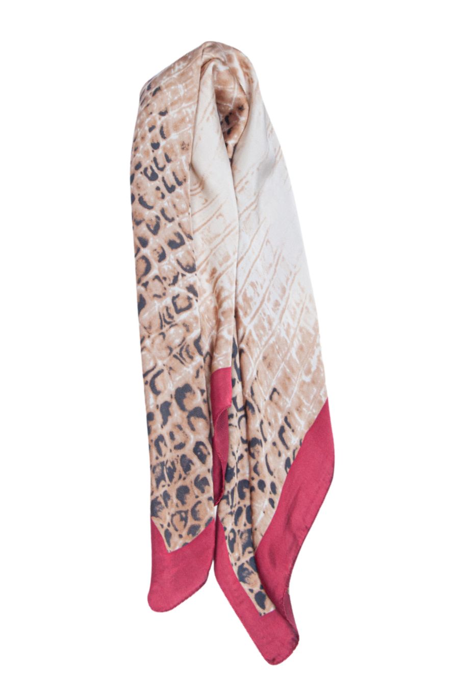 Red Scale Print Faux Silk Scarf With Colour Block Border