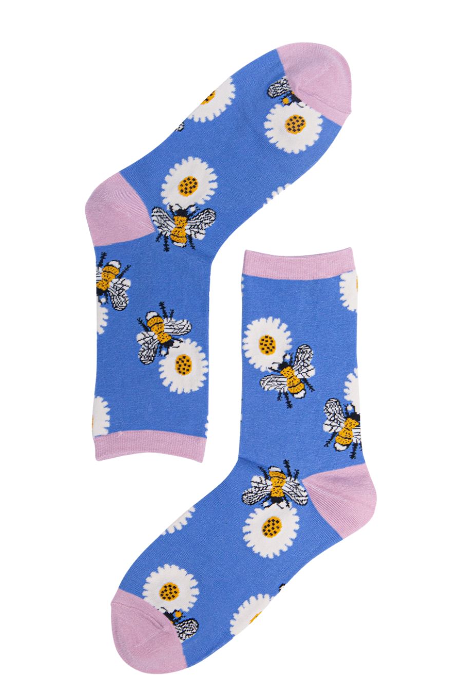 lilac and pink ankle socks with an all over bee and floral print pattern