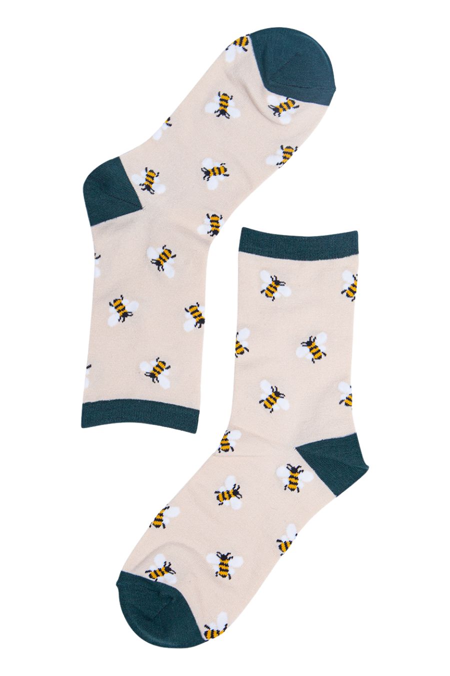 cream and green bee socks with an all over pattern of bumblebees