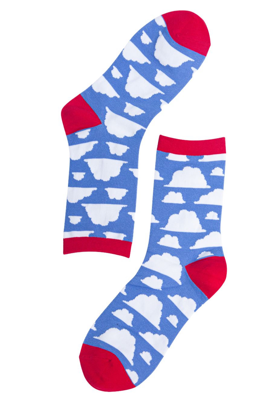 blue socks with a pattern of white clouds 