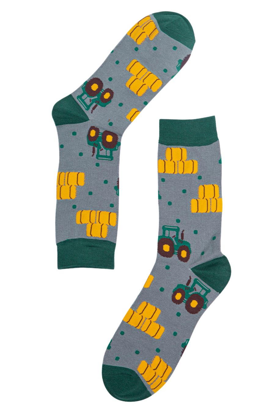 showing the all over green tractor pattern on the grey socks