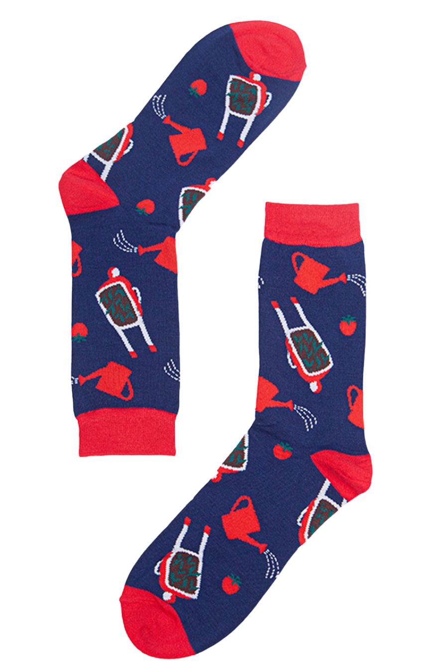 showing the wheelbarrrow and watering can design on the blue and red socks