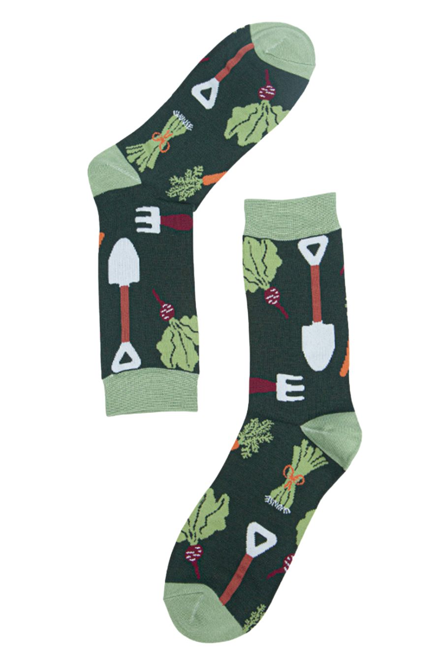 showing a close up of the garden tool pattern on the green bamboo socks