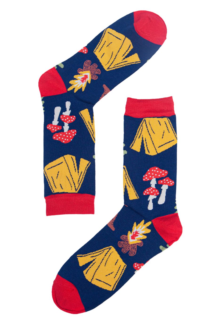 blue and red socks with a pattern of yellow tents, red toadstools and a campfire