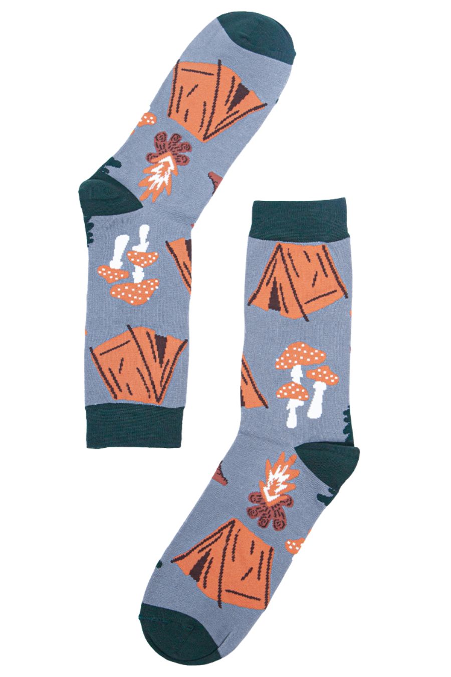 grey and green socks with a pattern of yellow tents,  toadstools and a campfire