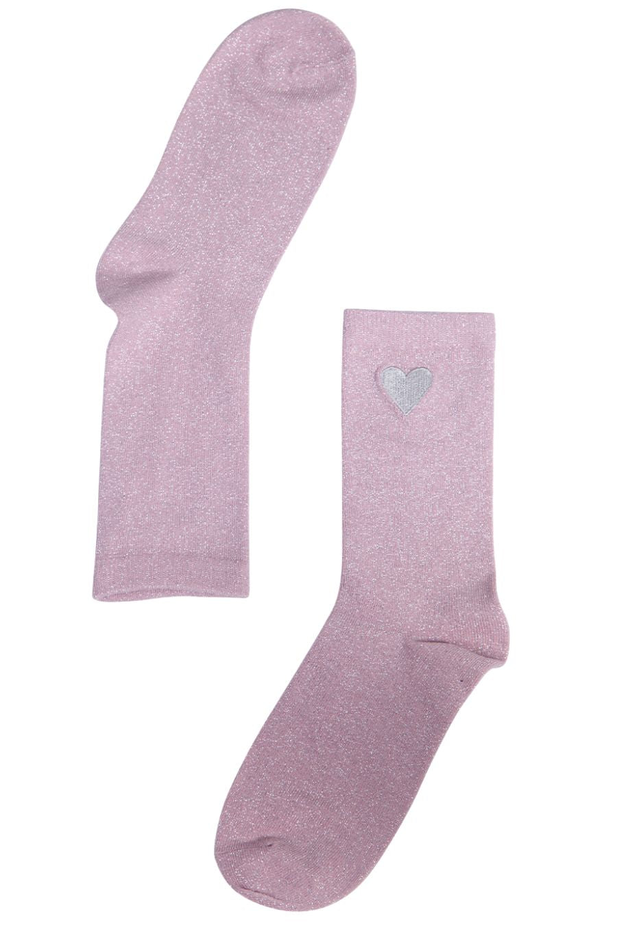 pink sparkly ankle socks with an embroidered silver heart on the ankle