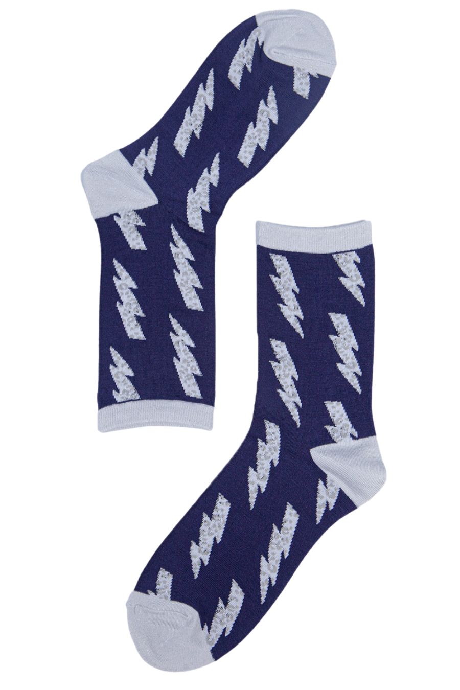 close up of the navy blue socks with the grey lightning bolt pattern