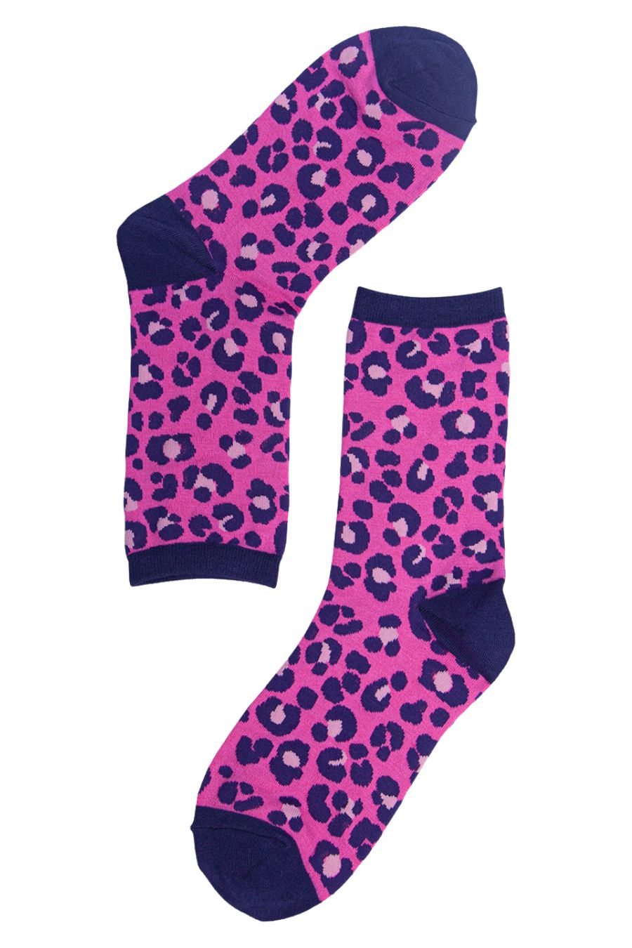 all over fuchsia pink and navy blue leopard print bamboo ankle socks