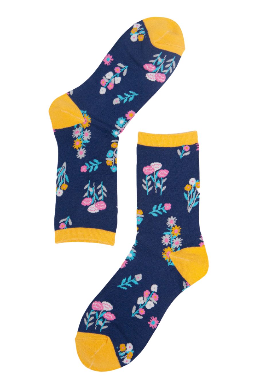 navy blue and yellow multicoloured wildflower pattern socks