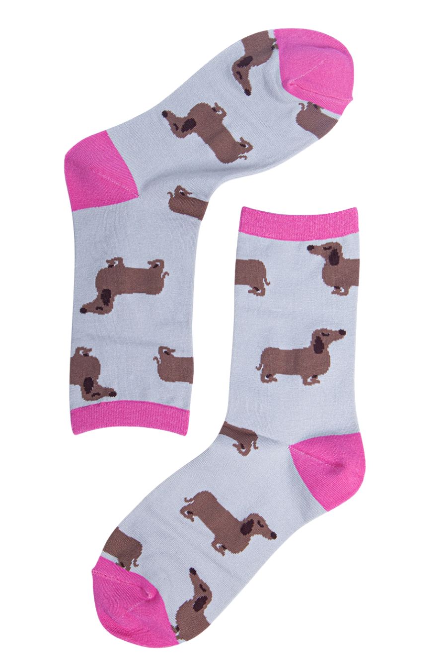 close up of the sausage dog pattern on the grey and hot pink ankle socks