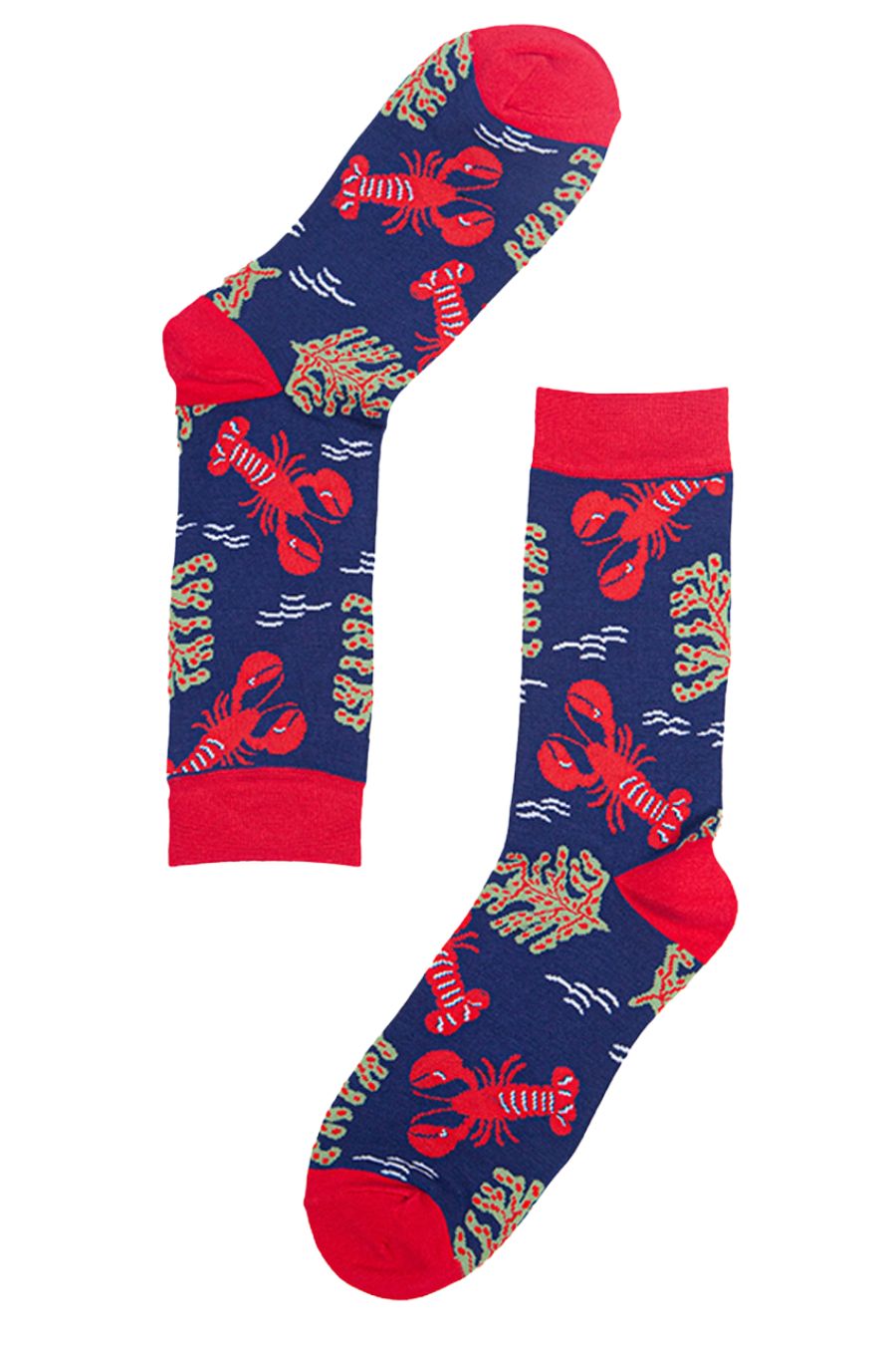 navy blue and red socks with red lobsters and green seaweed, showing lobsters in their natural environment