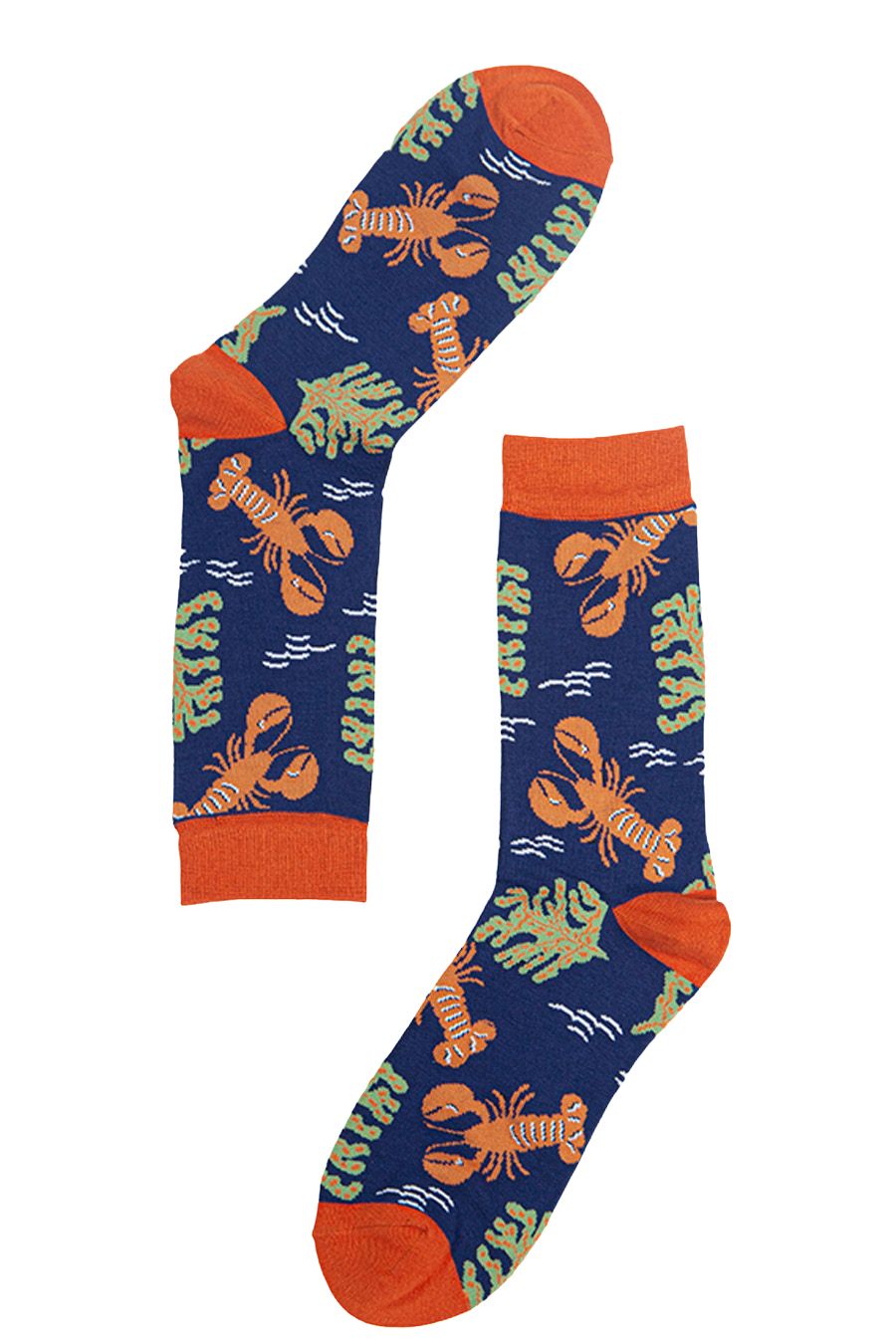 navy blue socks with orange lobsters and green seaweed, showing lobsters in their natural environment