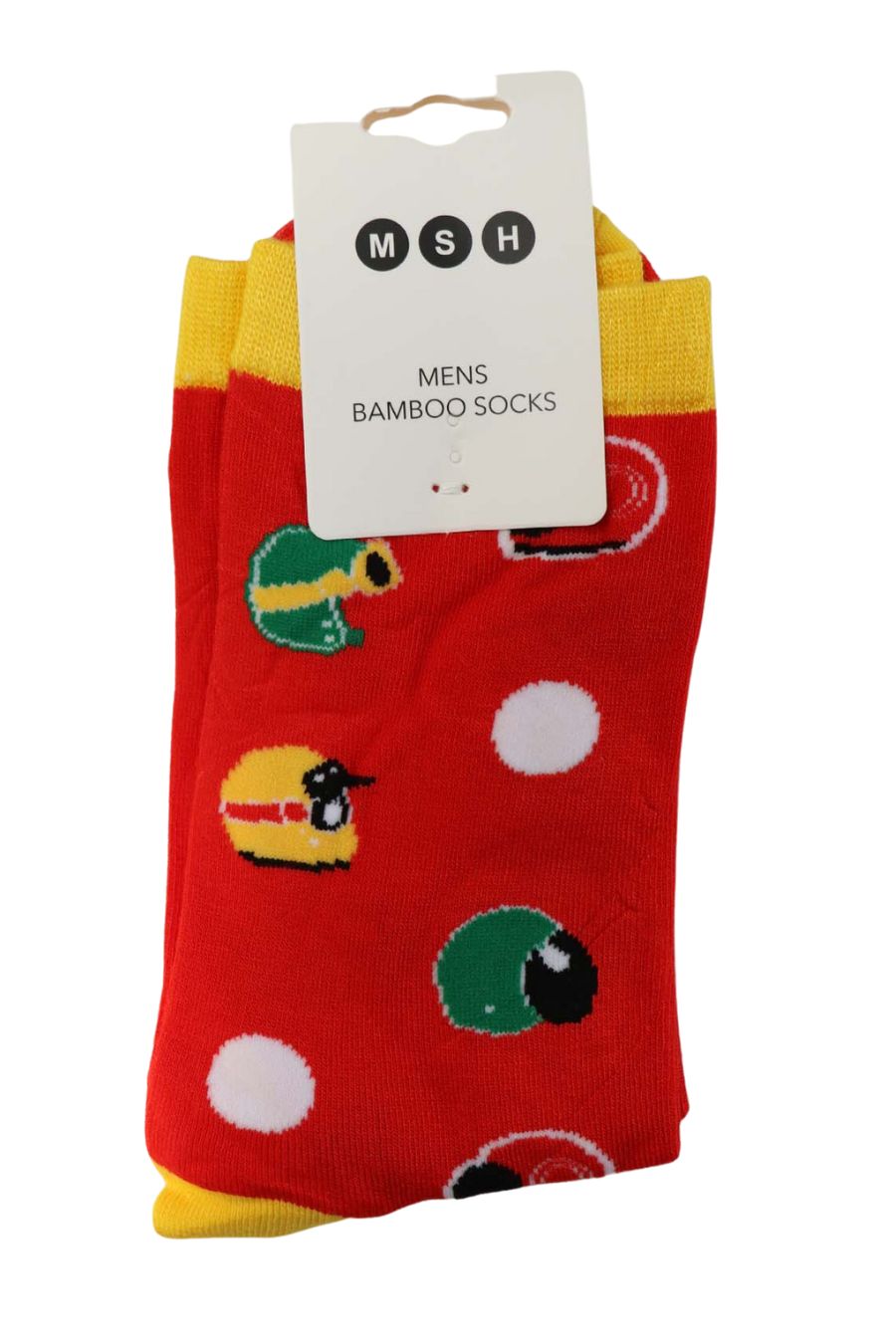 red bamboo socks with a pattern of sports helmets