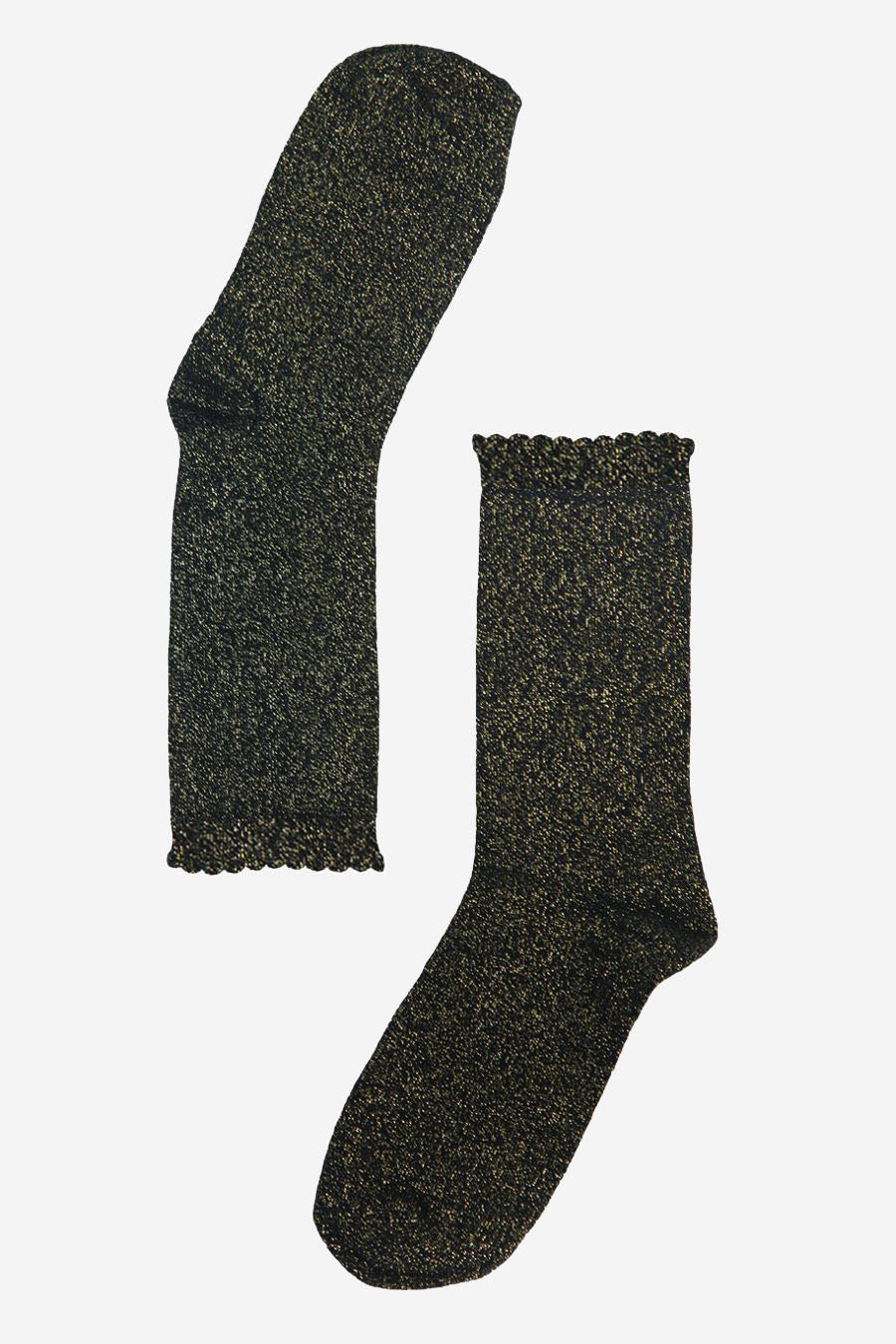 Womens Black Glitter Socks Gold Shimmer Sparkly Ankle Socks with Scalloped Cuff