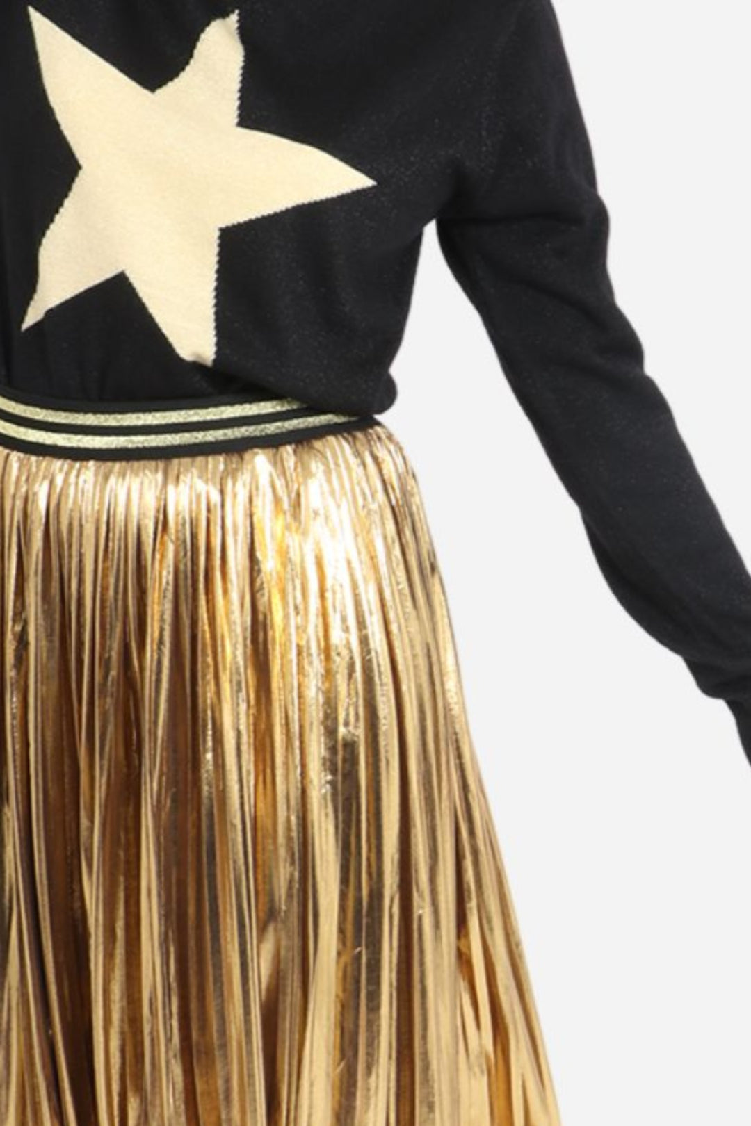 Gold Foil Pleated Skirt with Glitter Stripe Waistband