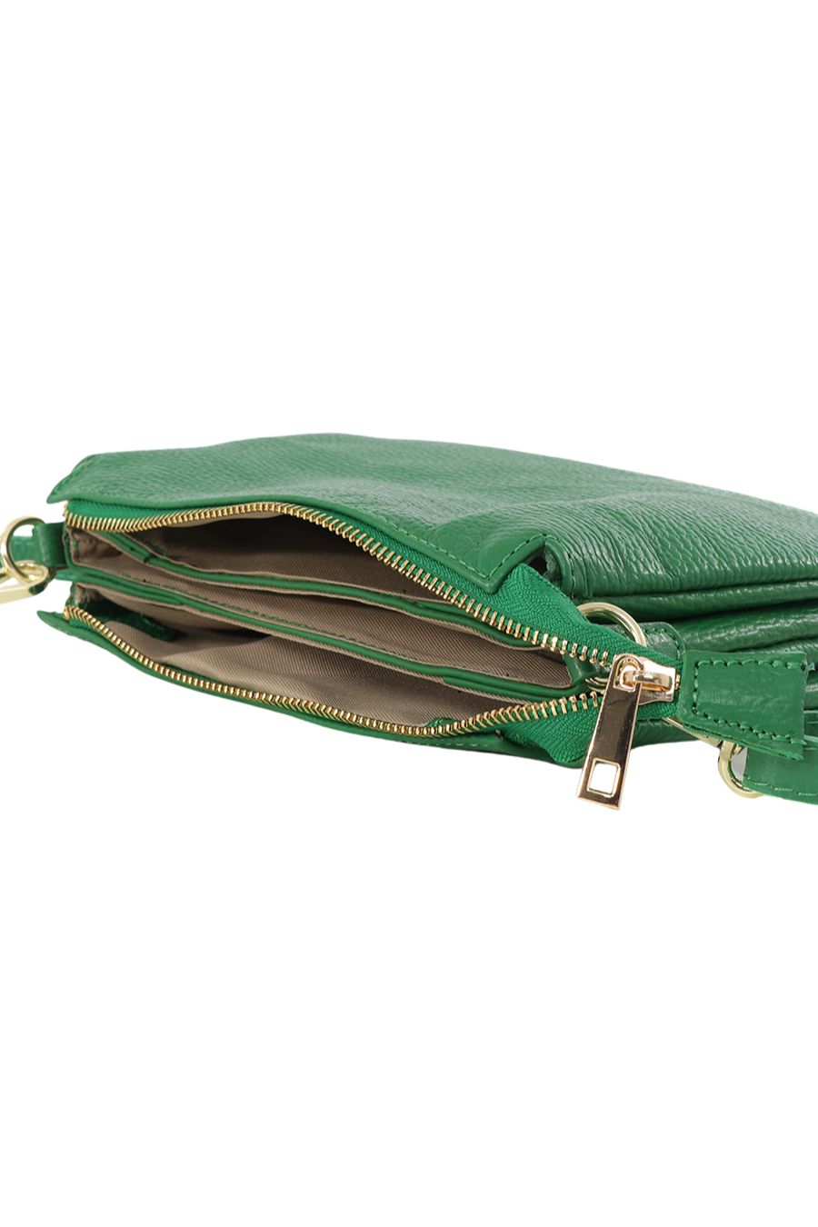 showing the inside of the bag with three internal compartments