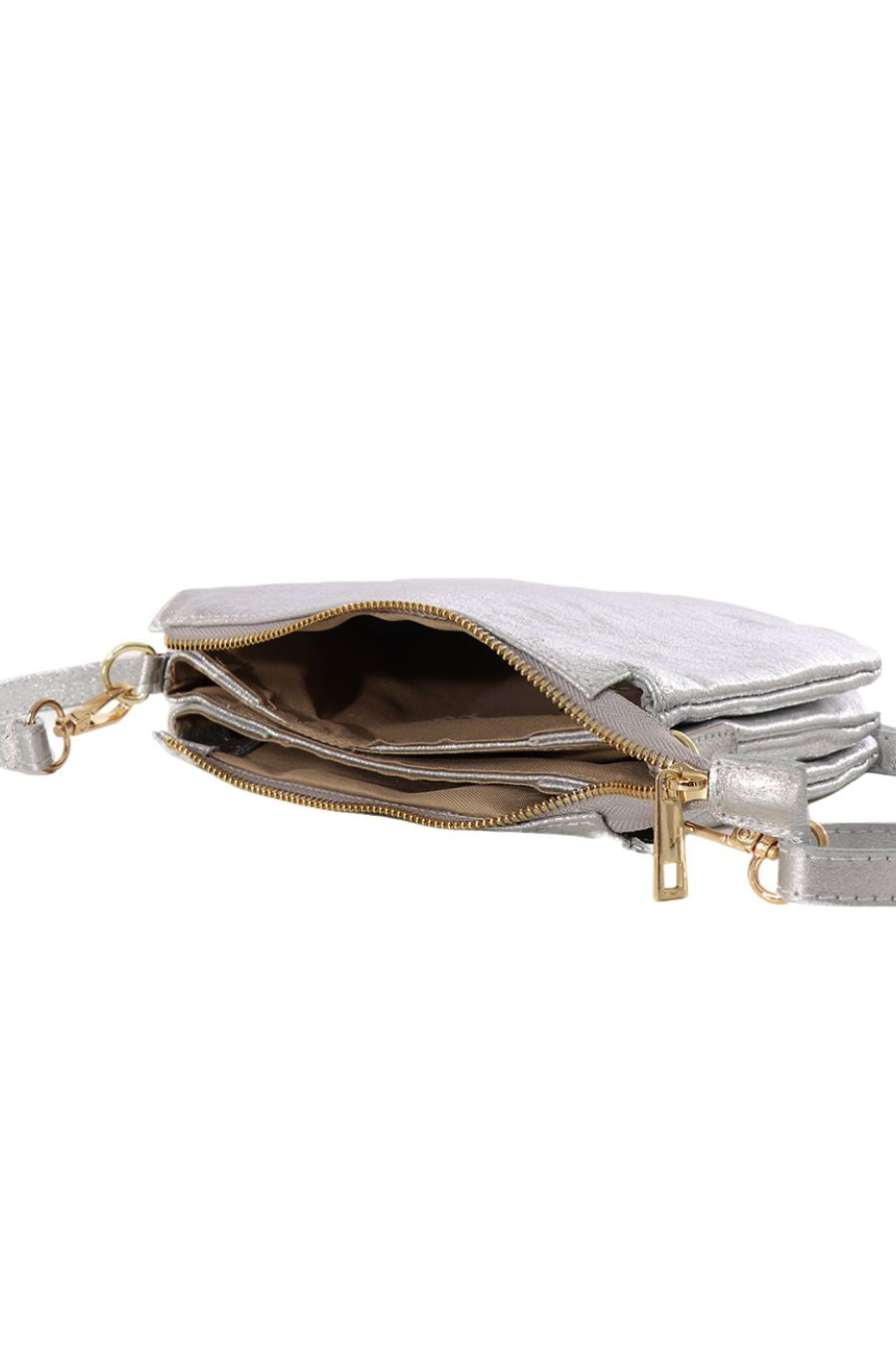 Silver Genuine Italian Leather Triple Section Crossbody Bag
