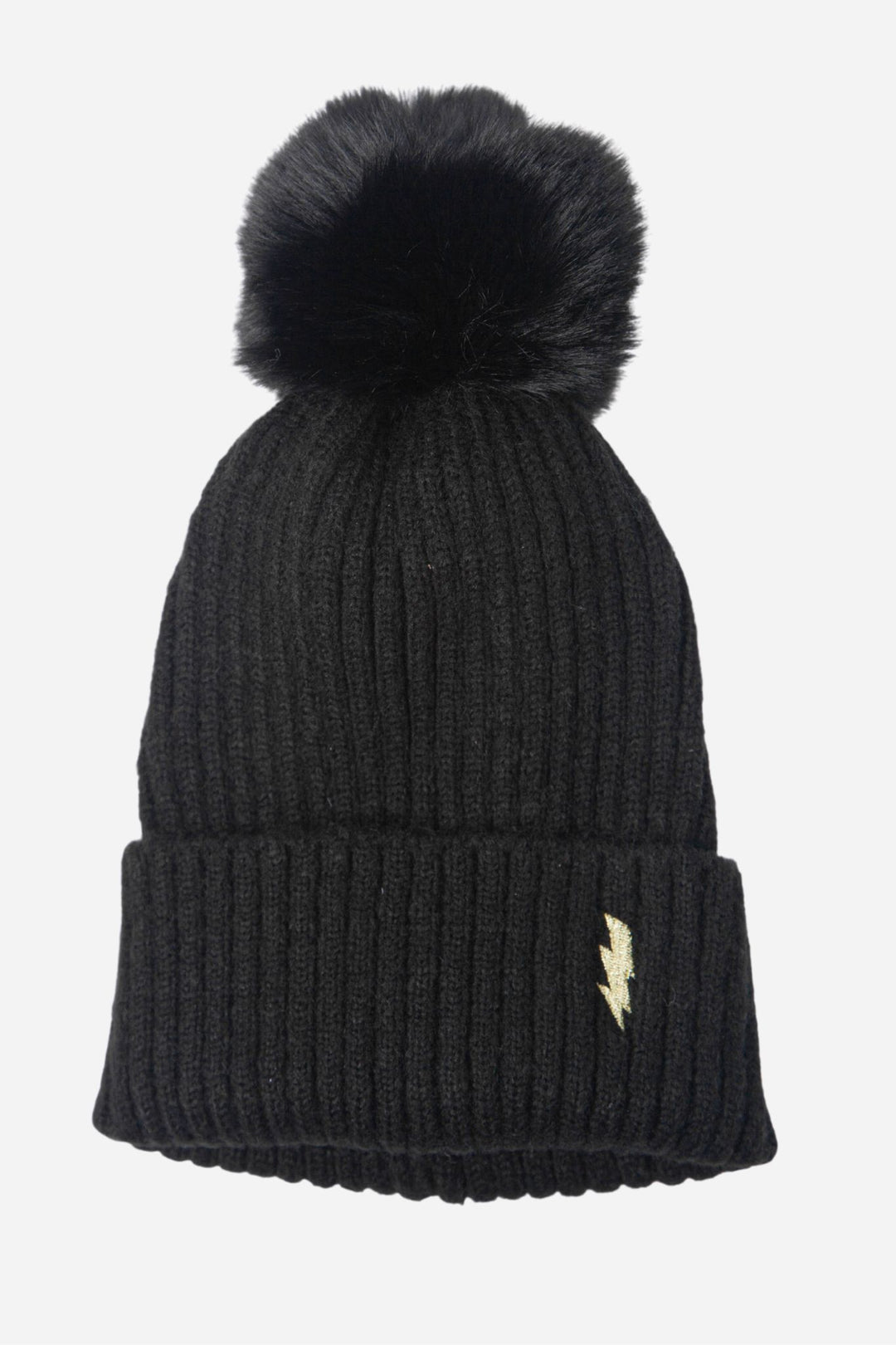 black ribbed beanie hat with a pom pom on top and a gold embroidered lightning bolt motif on the cuff of the hat