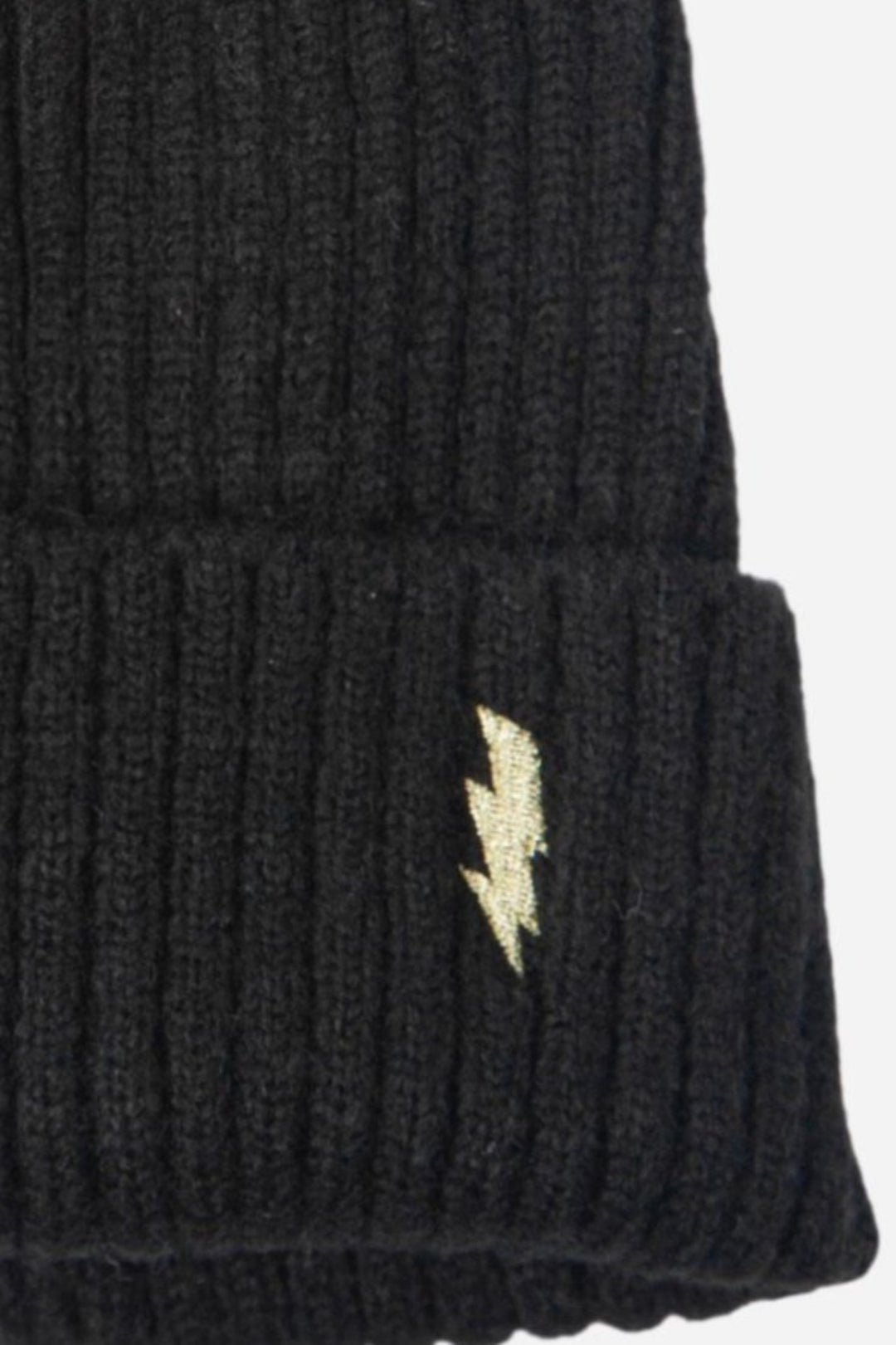 close up of the ribbed material and the embroidered lightning bolt on the beanie hat