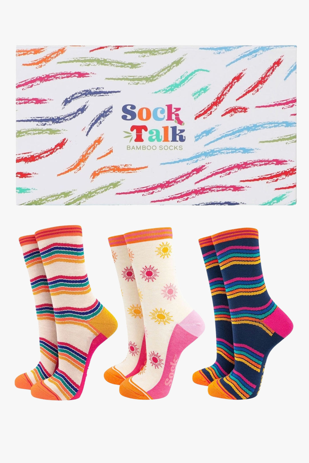an artistically designed multicoloured gift box with three pairs of multicoloured rainbow stripe and sunshine pattern bamboo socks 