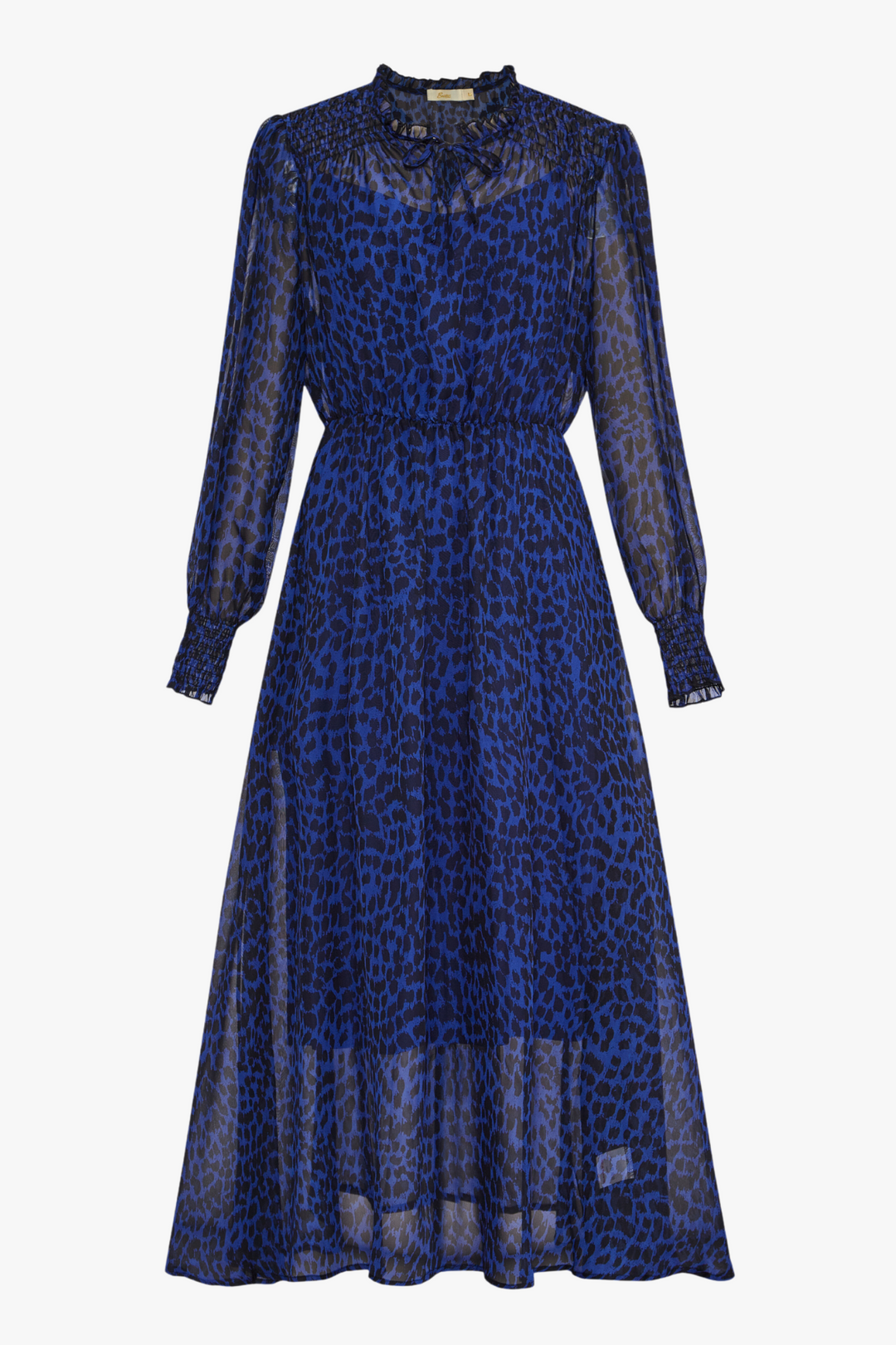 Blauwe midi-jurk met geplooide schouder en dierenvlek