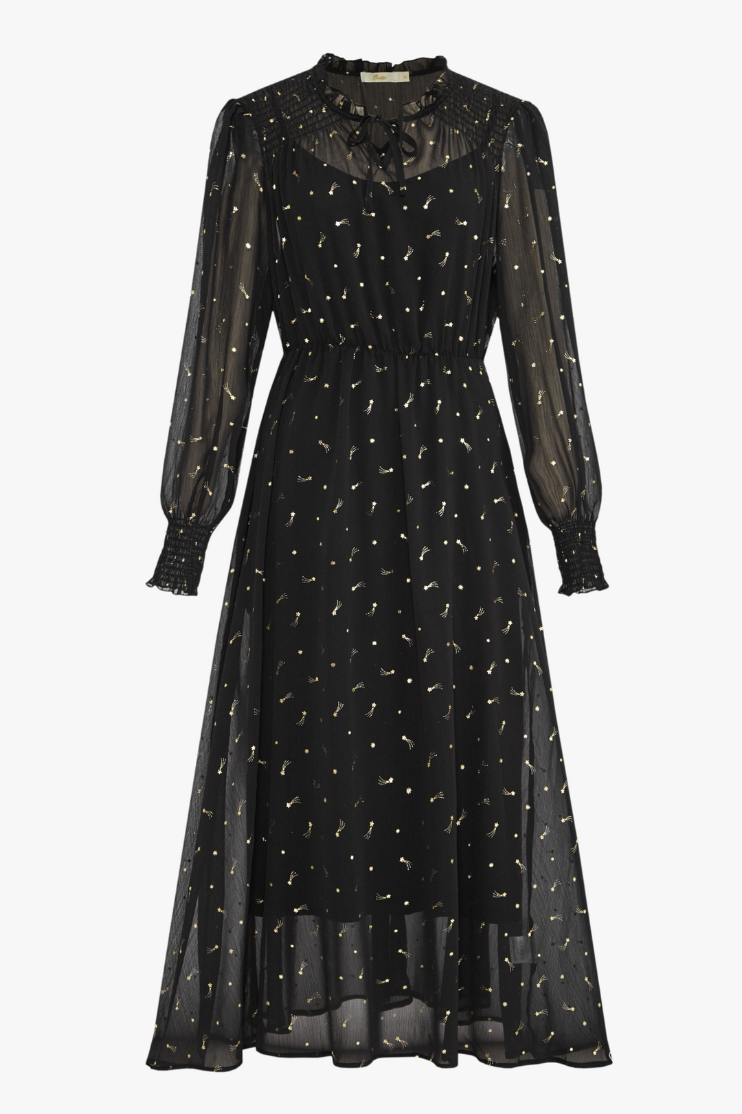 Black Shooting Star Print Shirred Shoulder Midi Dress