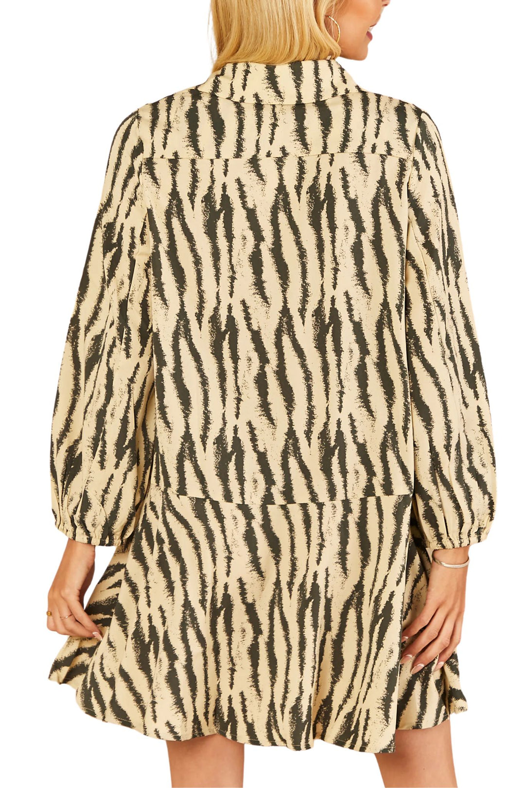 Short Tiered Button Down Shirt Dress - Grey/Cream, Zebra Print