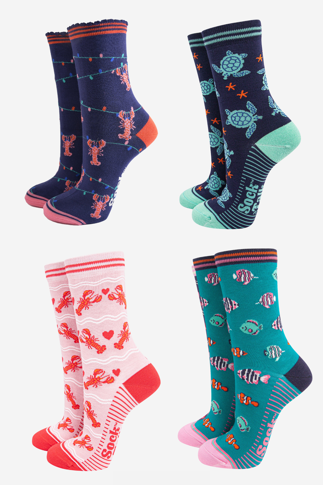 Women's Bamboo Ankle Socks Festive Gift Set - Navy Blue/Pink, Sealife