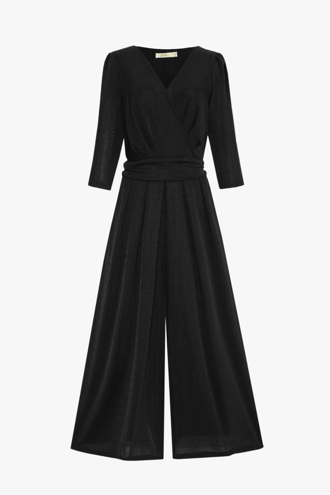 wide leg black glitter jumpsuit with a v neck, waist tie and 3/4 sleeves