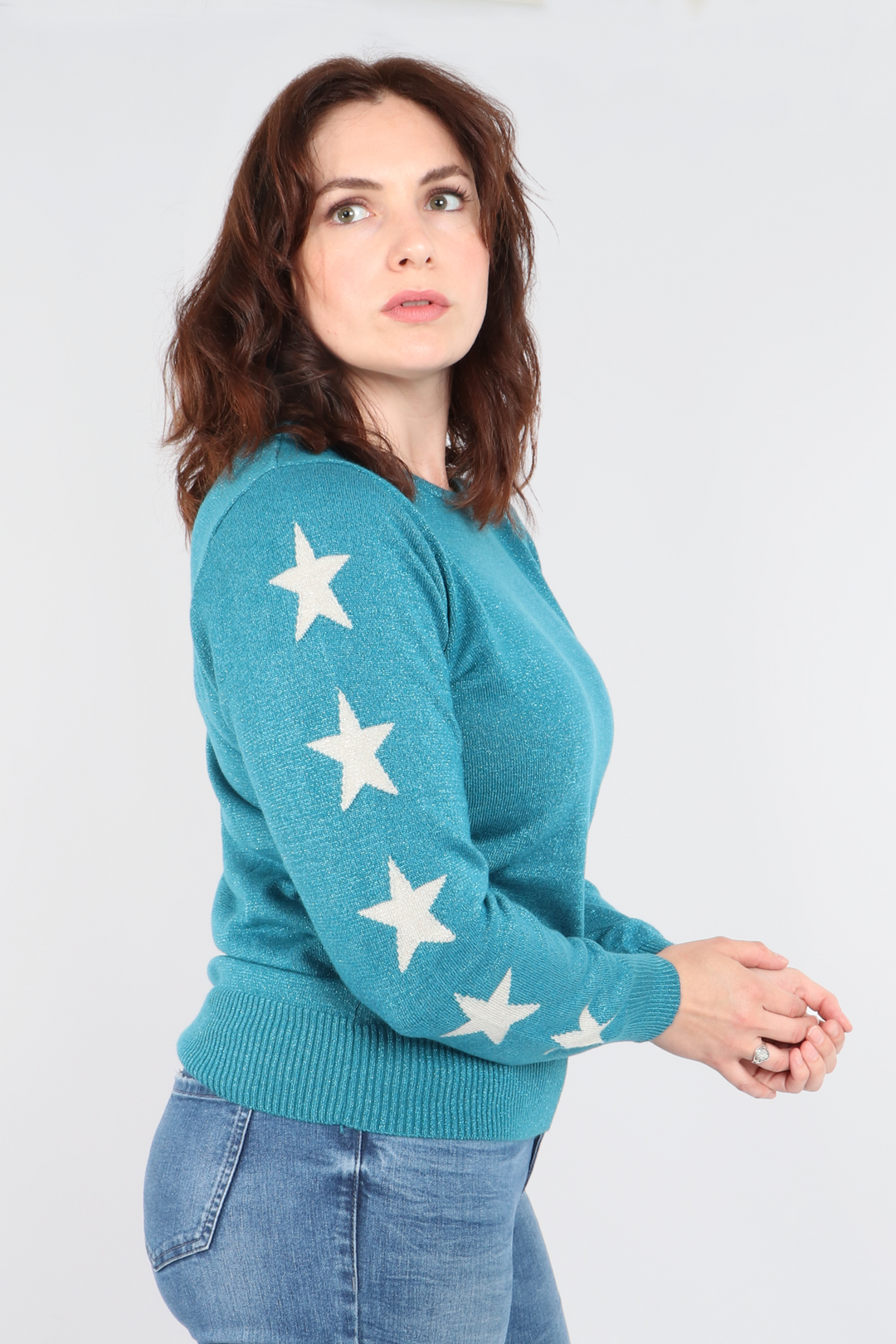 Blue Silver Repeat Star Detail Lurex Knitted Jumper