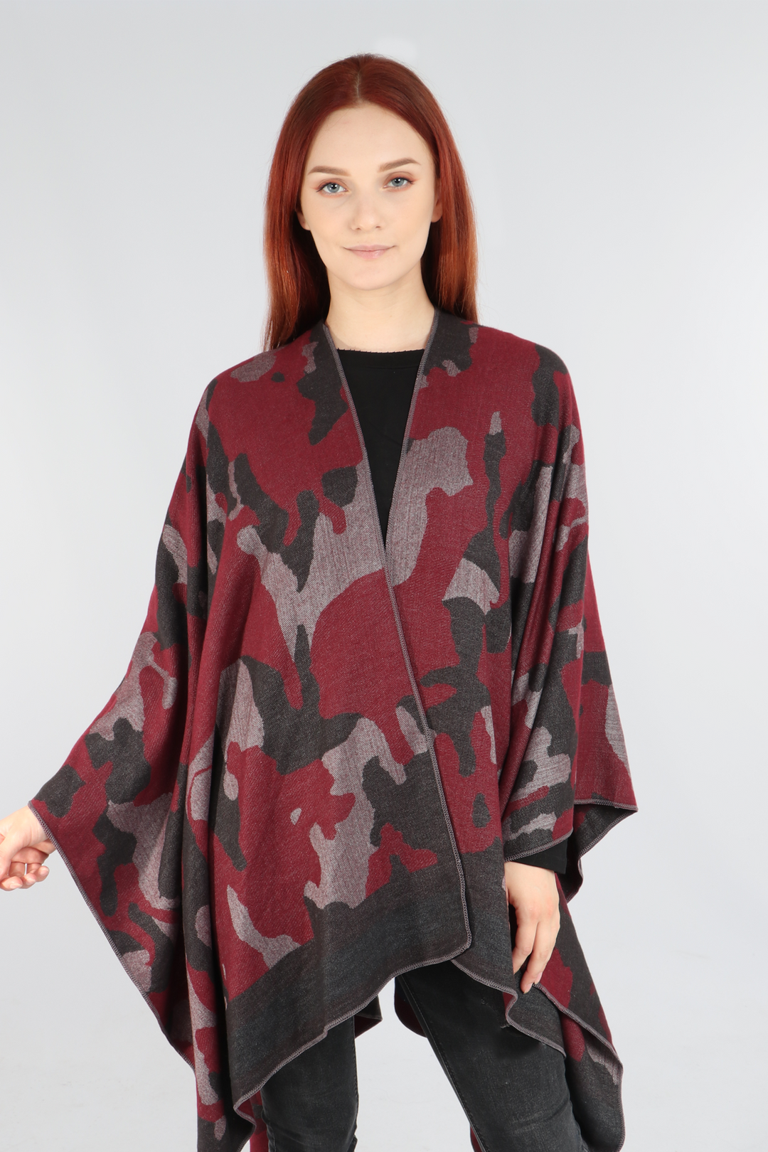 Dark Red Camouflage Print Cape