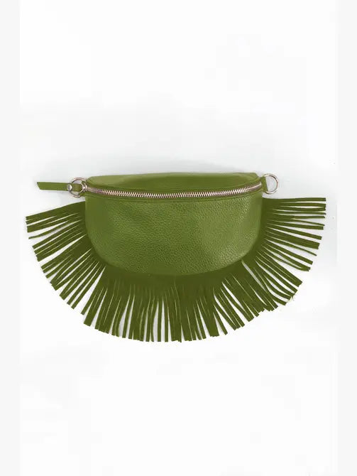 khaki green leather half moon fringed bag