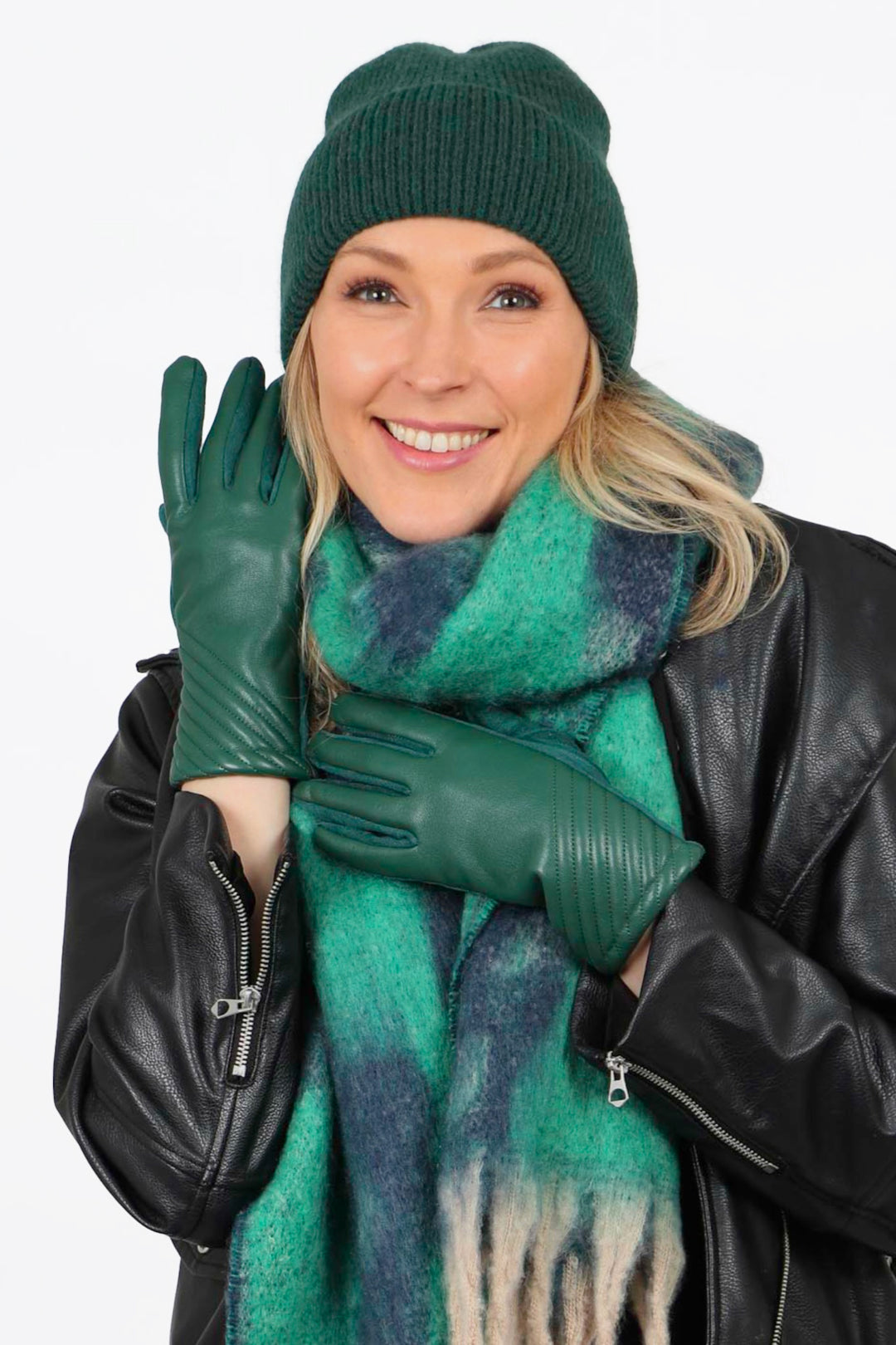 Green PU with Diagonal Stitching Gloves