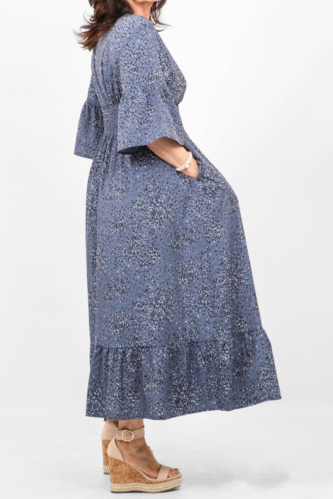 Speckled Animal Print Shirred Waist Maxi Dress