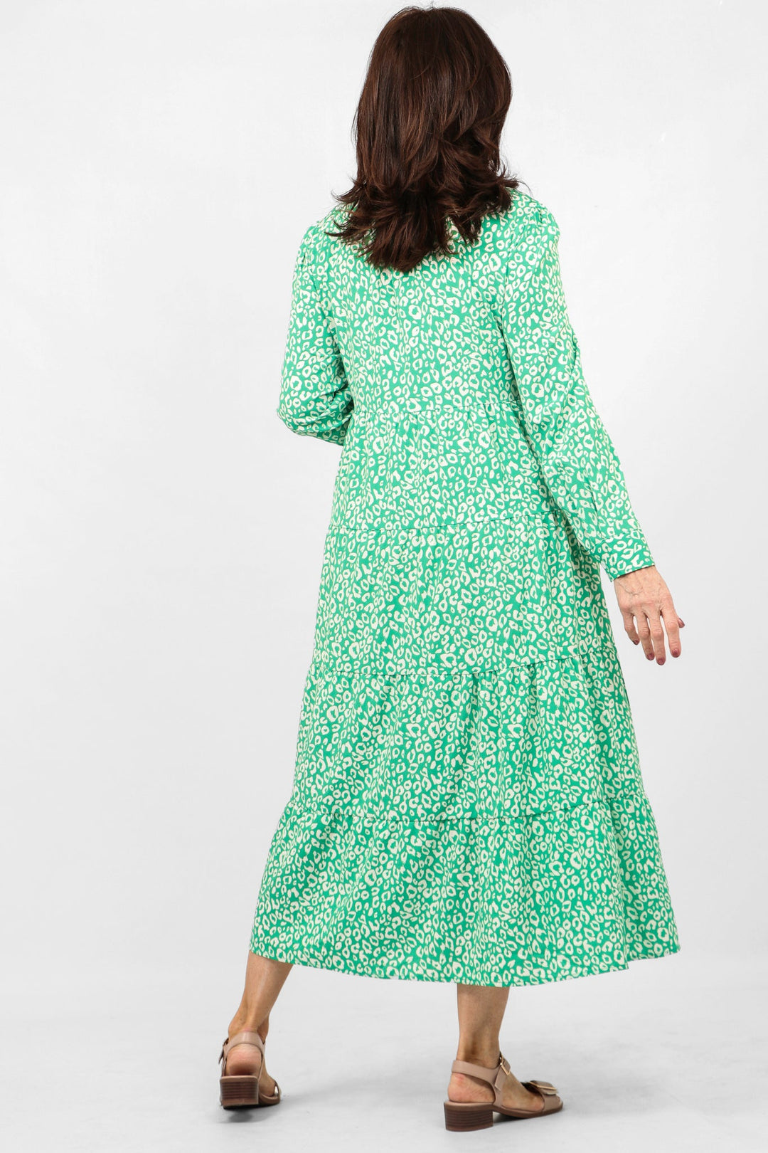 Green Two Tone Leopard Print Tiered Dress with Frill Collar