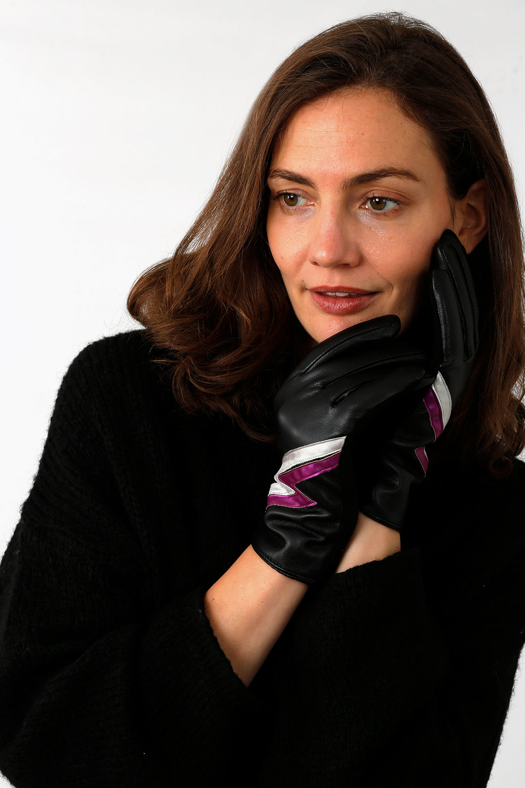 Black Metallic Pink Pu Lightning Bolt Gloves MSH Wholesale