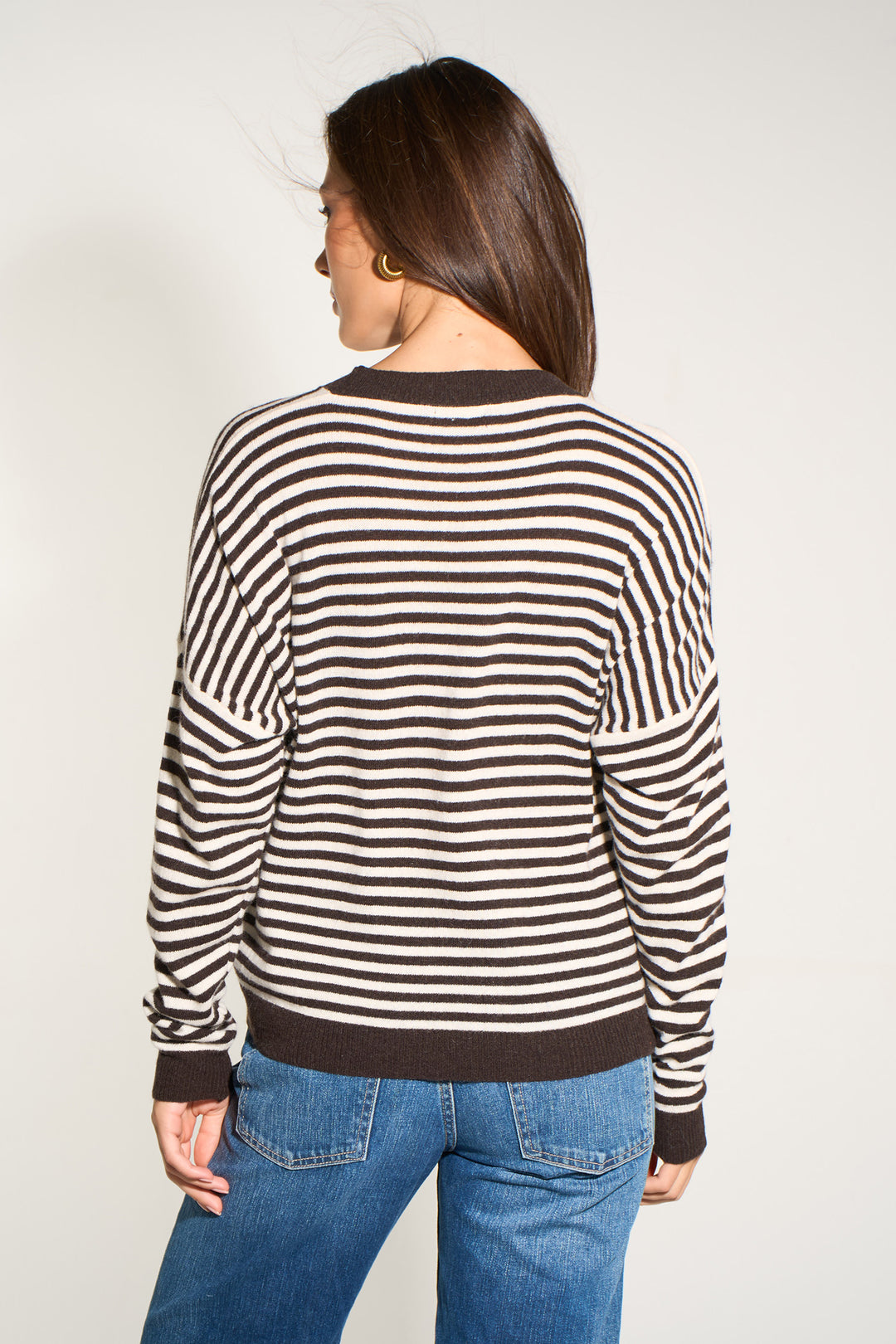 Striped Long Sleeve Italian Cashmere Wool Blend Jumper in Brown/Cream