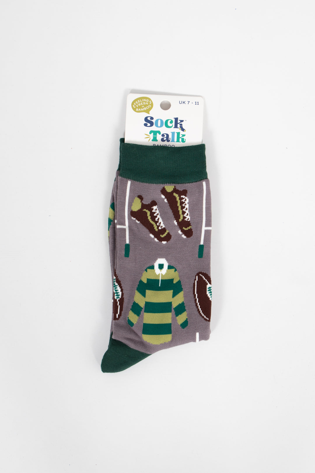men's grey and green rugby bamboo socks laying flat, showing them in their sock talk packaging. these socks are shown to be a uk size 7-11